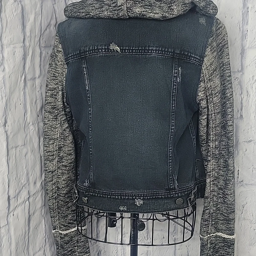Free People Black Denim Mixed Media Short Hoodie Jacket‎ Small - Picture 9 of 11